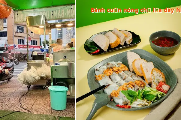 Hot steamed rice rolls with thick pork sausage from Nhat Que.