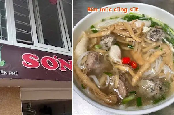 Bun Moc (rice noodle soup with meatballs) near the iron gate.