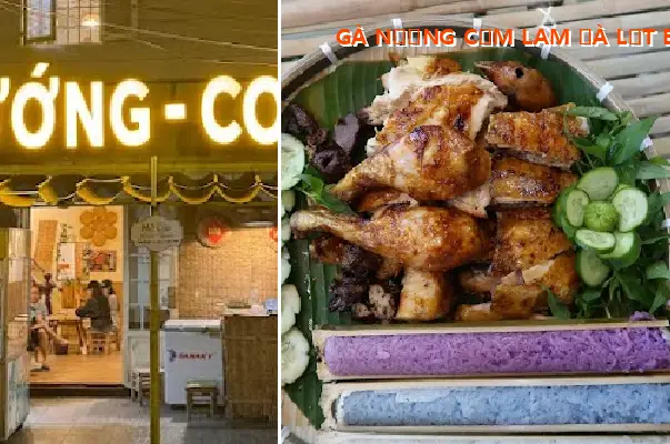 Da Lat-style grilled chicken with bamboo rice, cooked over an open fire.